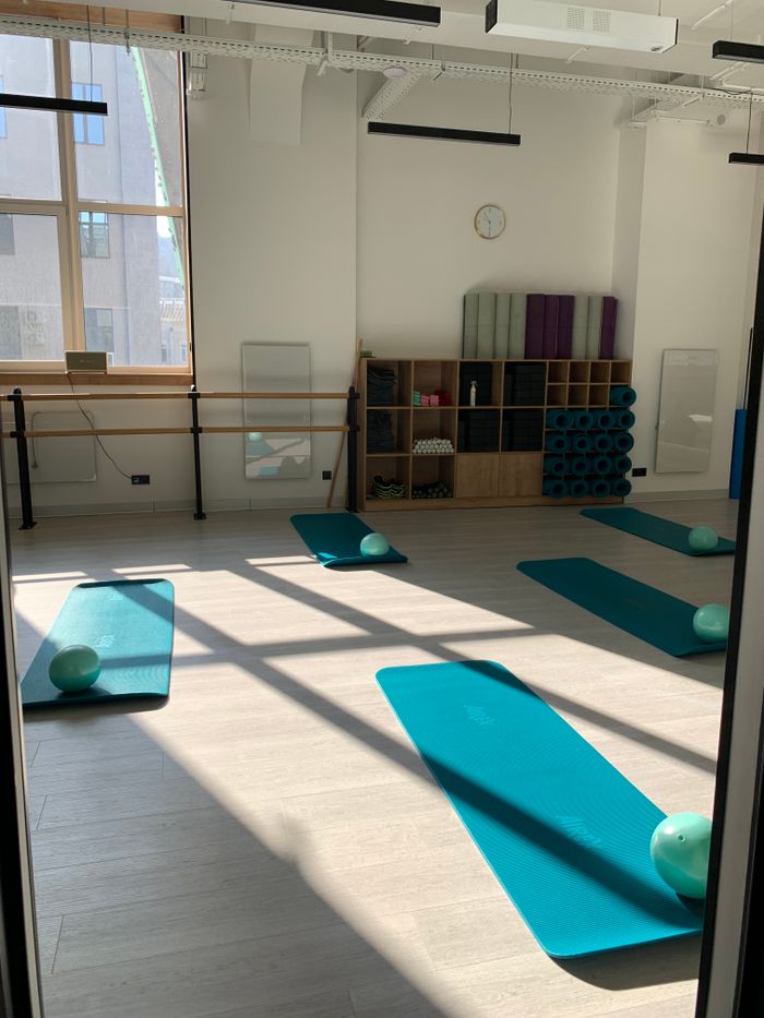 Services Bright studio featuring Pilates mats, balls, and props under natural light. Ideal for fitness sessions.